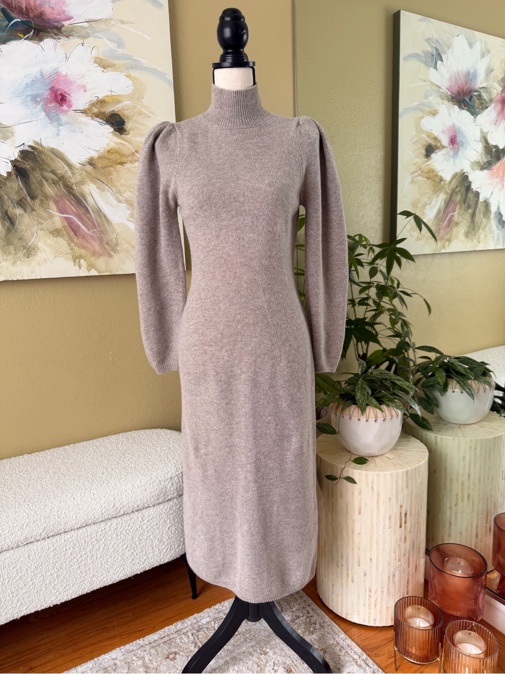** LIKE NEW ** BA&SH Taupe Puff-Sleeve Knit Turtleneck Dress
